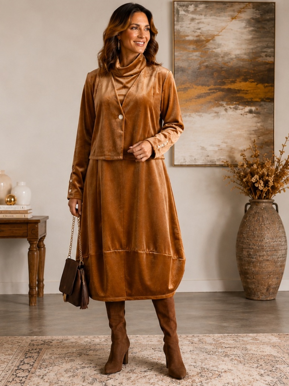 Marla Wynne Camel Velour Sleeveless Balloon Dress & Crop Jacket Set M/L NWOT